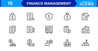 Ekonomik, muhasebe ve para takibi için hazırlanmış temiz ve asgari Finans Yönetimi simgesi paketi.