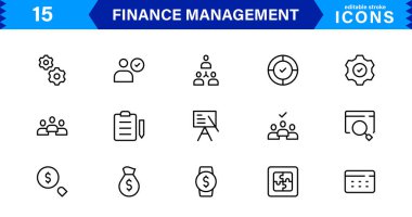 Ekonomik, muhasebe ve para takibi için hazırlanmış temiz ve asgari Finans Yönetimi simgesi paketi.