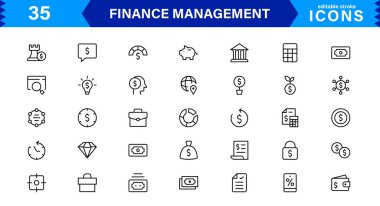 Ekonomik, muhasebe ve para takibi için hazırlanmış temiz ve asgari Finans Yönetimi simgesi paketi.