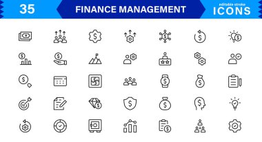 Ekonomik, muhasebe ve para takibi için hazırlanmış temiz ve asgari Finans Yönetimi simgesi paketi.