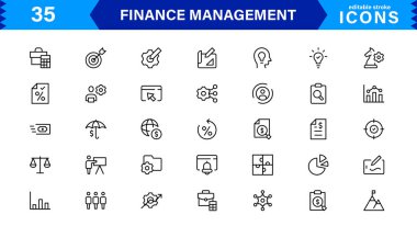 Ekonomik, muhasebe ve para takibi için hazırlanmış temiz ve asgari Finans Yönetimi simgesi paketi.
