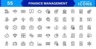 Ekonomik, muhasebe ve para takibi için hazırlanmış temiz ve asgari Finans Yönetimi simgesi paketi.