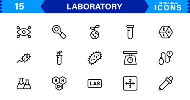 Modern laboratuvar sembolleri bilim, kimya ve yenilik için tasarlanmıştır. Bu vektör simgeleri temiz, profesyonel görseller için idealdir.