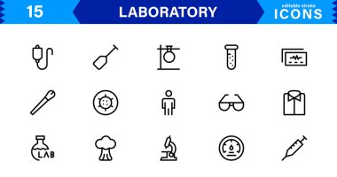 Modern laboratuvar sembolleri bilim, kimya ve yenilik için tasarlanmıştır. Bu vektör simgeleri temiz, profesyonel görseller için idealdir.