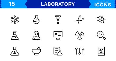 Modern laboratuvar sembolleri bilim, kimya ve yenilik için tasarlanmıştır. Bu vektör simgeleri temiz, profesyonel görseller için idealdir.