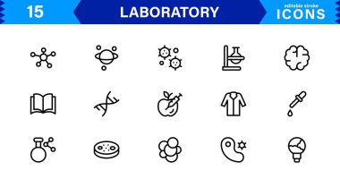 Modern laboratuvar sembolleri bilim, kimya ve yenilik için tasarlanmıştır. Bu vektör simgeleri temiz, profesyonel görseller için idealdir.