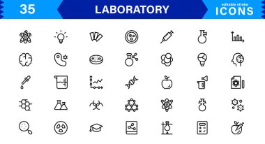 Modern laboratuvar sembolleri bilim, kimya ve yenilik için tasarlanmıştır. Bu vektör simgeleri temiz, profesyonel görseller için idealdir.