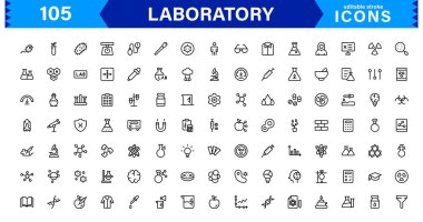 Modern laboratuvar sembolleri bilim, kimya ve yenilik için tasarlanmıştır. Bu vektör simgeleri temiz, profesyonel görseller için idealdir.