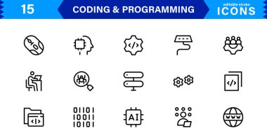Kodlama programlama simgeleri koleksiyonu temiz tasarımı teknoloji odaklı görsellerle harmanlıyor. Yazılım, geliştirme ve kullanıcı arayüzü tasarımı için ideal.