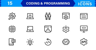 Kodlama programlama simgeleri koleksiyonu temiz tasarımı teknoloji odaklı görsellerle harmanlıyor. Yazılım, geliştirme ve kullanıcı arayüzü tasarımı için ideal.