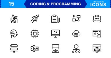 Kodlama programlama simgeleri koleksiyonu temiz tasarımı teknoloji odaklı görsellerle harmanlıyor. Yazılım, geliştirme ve kullanıcı arayüzü tasarımı için ideal.