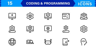 Kodlama programlama simgeleri koleksiyonu temiz tasarımı teknoloji odaklı görsellerle harmanlıyor. Yazılım, geliştirme ve kullanıcı arayüzü tasarımı için ideal.