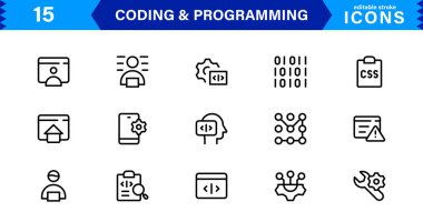 Kodlama programlama simgeleri koleksiyonu temiz tasarımı teknoloji odaklı görsellerle harmanlıyor. Yazılım, geliştirme ve kullanıcı arayüzü tasarımı için ideal.