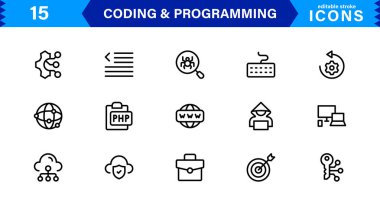 Kodlama programlama simgeleri koleksiyonu temiz tasarımı teknoloji odaklı görsellerle harmanlıyor. Yazılım, geliştirme ve kullanıcı arayüzü tasarımı için ideal.