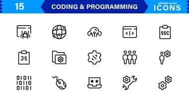 Kodlama programlama simgeleri koleksiyonu temiz tasarımı teknoloji odaklı görsellerle harmanlıyor. Yazılım, geliştirme ve kullanıcı arayüzü tasarımı için ideal.