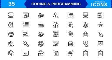 Kodlama programlama simgeleri koleksiyonu temiz tasarımı teknoloji odaklı görsellerle harmanlıyor. Yazılım, geliştirme ve kullanıcı arayüzü tasarımı için ideal.