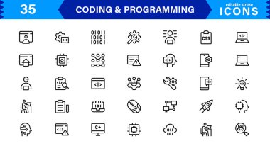 Kodlama programlama simgeleri koleksiyonu temiz tasarımı teknoloji odaklı görsellerle harmanlıyor. Yazılım, geliştirme ve kullanıcı arayüzü tasarımı için ideal.