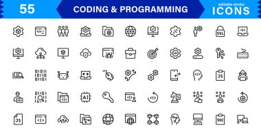 Kodlama programlama simgeleri koleksiyonu temiz tasarımı teknoloji odaklı görsellerle harmanlıyor. Yazılım, geliştirme ve kullanıcı arayüzü tasarımı için ideal.