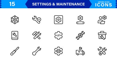 Ayarlar Bakım Satırı Simgeleri Ayarlandı. Yapılandırma, sistem güncellemesi, teknik destek, araçlar, servis düzenlenebilir vuruş ikonu vektör koleksiyonu