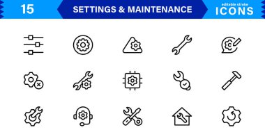 Ayarlar Bakım Satırı Simgeleri Ayarlandı. Yapılandırma, sistem güncellemesi, teknik destek, araçlar, servis düzenlenebilir vuruş ikonu vektör koleksiyonu