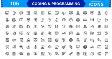 Kodlama programlama simgeleri koleksiyonu temiz tasarımı teknoloji odaklı görsellerle harmanlıyor. Yazılım, geliştirme ve kullanıcı arayüzü tasarımı için ideal.