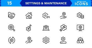Ayarlar Bakım Satırı Simgeleri Ayarlandı. Yapılandırma, sistem güncellemesi, teknik destek, araçlar, servis düzenlenebilir vuruş ikonu vektör koleksiyonu