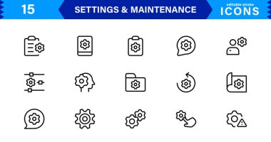 Ayarlar Bakım Satırı Simgeleri Ayarlandı. Yapılandırma, sistem güncellemesi, teknik destek, araçlar, servis düzenlenebilir vuruş ikonu vektör koleksiyonu
