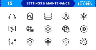 Ayarlar Bakım Satırı Simgeleri Ayarlandı. Yapılandırma, sistem güncellemesi, teknik destek, araçlar, servis düzenlenebilir vuruş ikonu vektör koleksiyonu