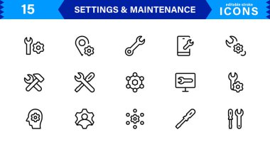 Ayarlar Bakım Satırı Simgeleri Ayarlandı. Yapılandırma, sistem güncellemesi, teknik destek, araçlar, servis düzenlenebilir vuruş ikonu vektör koleksiyonu
