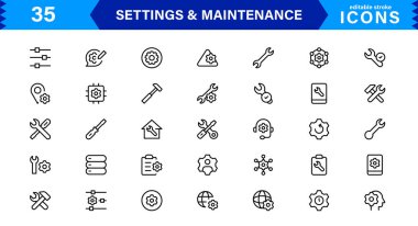 Ayarlar Bakım Satırı Simgeleri Ayarlandı. Yapılandırma, sistem güncellemesi, teknik destek, araçlar, servis düzenlenebilir vuruş ikonu vektör koleksiyonu