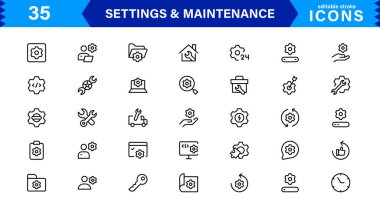 Ayarlar Bakım Satırı Simgeleri Ayarlandı. Yapılandırma, sistem güncellemesi, teknik destek, araçlar, servis düzenlenebilir vuruş ikonu vektör koleksiyonu