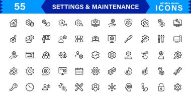Ayarlar Bakım Satırı Simgeleri Ayarlandı. Yapılandırma, sistem güncellemesi, teknik destek, araçlar, servis düzenlenebilir vuruş ikonu vektör koleksiyonu