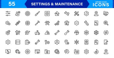 Ayarlar Bakım Satırı Simgeleri Ayarlandı. Yapılandırma, sistem güncellemesi, teknik destek, araçlar, servis düzenlenebilir vuruş ikonu vektör koleksiyonu
