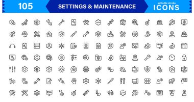 Ayarlar Bakım Satırı Simgeleri Ayarlandı. Yapılandırma, sistem güncellemesi, teknik destek, araçlar, servis düzenlenebilir vuruş ikonu vektör koleksiyonu