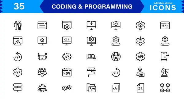 Kodlama programlama simgeleri koleksiyonu temiz tasarımı teknoloji odaklı görsellerle harmanlıyor. Yazılım, geliştirme ve kullanıcı arayüzü tasarımı için ideal.
