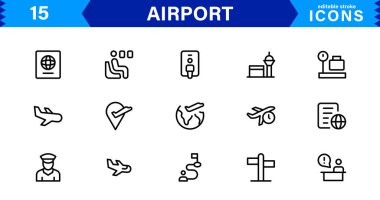 Havaalanı vektör çizgisi simgesi ayarlandı. Uçak, Bilet, Bagaj, Terminal, Pasaport, Bavul, Gidiş, Uçuş, Ulaşım, Uçak gibi doğrusal özet simgeleri içerir. Web için düzenlenebilir kullanım ve vuruş