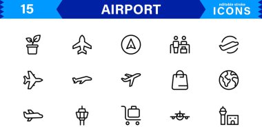 Havaalanı vektör çizgisi simgesi ayarlandı. Uçak, Bilet, Bagaj, Terminal, Pasaport, Bavul, Gidiş, Uçuş, Ulaşım, Uçak gibi doğrusal özet simgeleri içerir. Web için düzenlenebilir kullanım ve vuruş