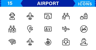 Havaalanı vektör çizgisi simgesi ayarlandı. Uçak, Bilet, Bagaj, Terminal, Pasaport, Bavul, Gidiş, Uçuş, Ulaşım, Uçak gibi doğrusal özet simgeleri içerir. Web için düzenlenebilir kullanım ve vuruş