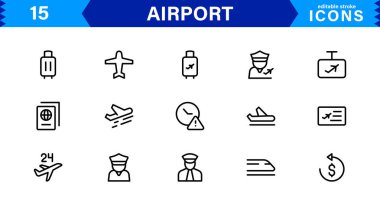 Havaalanı vektör çizgisi simgesi ayarlandı. Uçak, Bilet, Bagaj, Terminal, Pasaport, Bavul, Gidiş, Uçuş, Ulaşım, Uçak gibi doğrusal özet simgeleri içerir. Web için düzenlenebilir kullanım ve vuruş