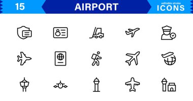 Havaalanı vektör çizgisi simgesi ayarlandı. Uçak, Bilet, Bagaj, Terminal, Pasaport, Bavul, Gidiş, Uçuş, Ulaşım, Uçak gibi doğrusal özet simgeleri içerir. Web için düzenlenebilir kullanım ve vuruş