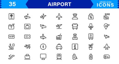 Havaalanı vektör çizgisi simgesi ayarlandı. Uçak, Bilet, Bagaj, Terminal, Pasaport, Bavul, Gidiş, Uçuş, Ulaşım, Uçak gibi doğrusal özet simgeleri içerir. Web için düzenlenebilir kullanım ve vuruş