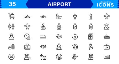 Havaalanı vektör çizgisi simgesi ayarlandı. Uçak, Bilet, Bagaj, Terminal, Pasaport, Bavul, Gidiş, Uçuş, Ulaşım, Uçak gibi doğrusal özet simgeleri içerir. Web için düzenlenebilir kullanım ve vuruş