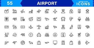 Havaalanı vektör çizgisi simgesi ayarlandı. Uçak, Bilet, Bagaj, Terminal, Pasaport, Bavul, Gidiş, Uçuş, Ulaşım, Uçak gibi doğrusal özet simgeleri içerir. Web için düzenlenebilir kullanım ve vuruş
