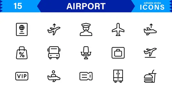 Havaalanı vektör çizgisi simgesi ayarlandı. Uçak, Bilet, Bagaj, Terminal, Pasaport, Bavul, Gidiş, Uçuş, Ulaşım, Uçak gibi doğrusal özet simgeleri içerir. Web için düzenlenebilir kullanım ve vuruş