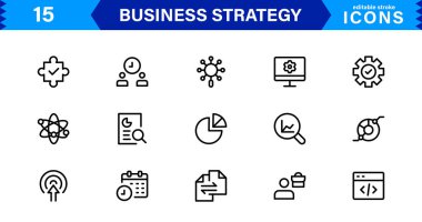 Profesyonel İş Stratejisi Simgesi: Planlama, Analiz, Hedefler, Yenilik ve Temiz Minimum Vektör Biçiminde Büyüme