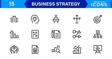 Profesyonel İş Stratejisi Simgesi: Planlama, Analiz, Hedefler, Yenilik ve Temiz Minimum Vektör Biçiminde Büyüme