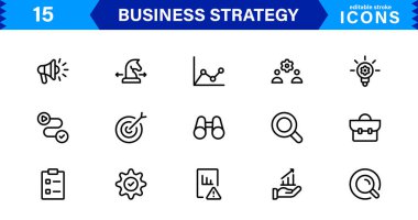Profesyonel İş Stratejisi Simgesi: Planlama, Analiz, Hedefler, Yenilik ve Temiz Minimum Vektör Biçiminde Büyüme