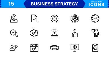 Profesyonel İş Stratejisi Simgesi: Planlama, Analiz, Hedefler, Yenilik ve Temiz Minimum Vektör Biçiminde Büyüme