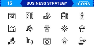 Profesyonel İş Stratejisi Simgesi: Planlama, Analiz, Hedefler, Yenilik ve Temiz Minimum Vektör Biçiminde Büyüme