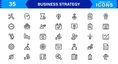 Profesyonel İş Stratejisi Simgesi: Planlama, Analiz, Hedefler, Yenilik ve Temiz Minimum Vektör Biçiminde Büyüme